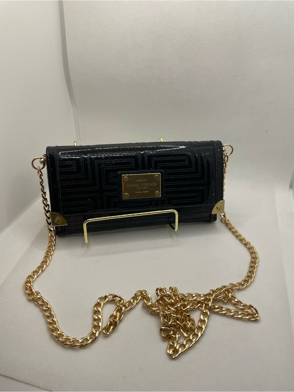 Authentic - Versace Black Patent Quilted Crossbody with Gold Chain